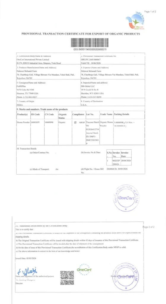 TraceNet Export Transaction Certificate