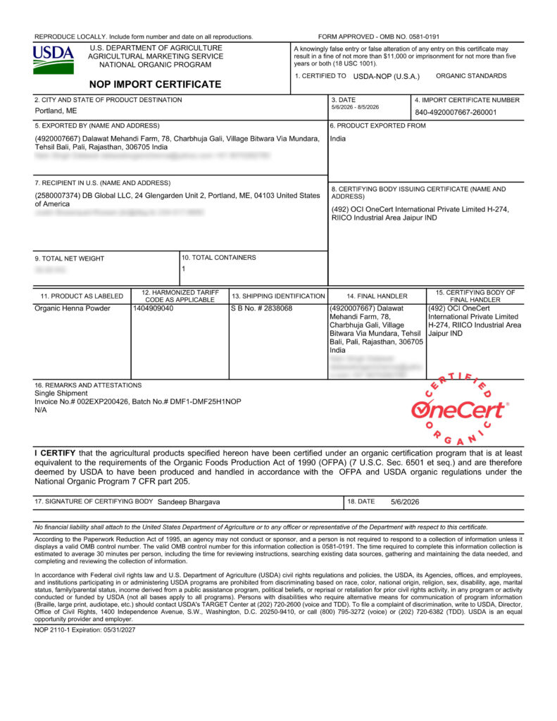 NOP Import Certificate